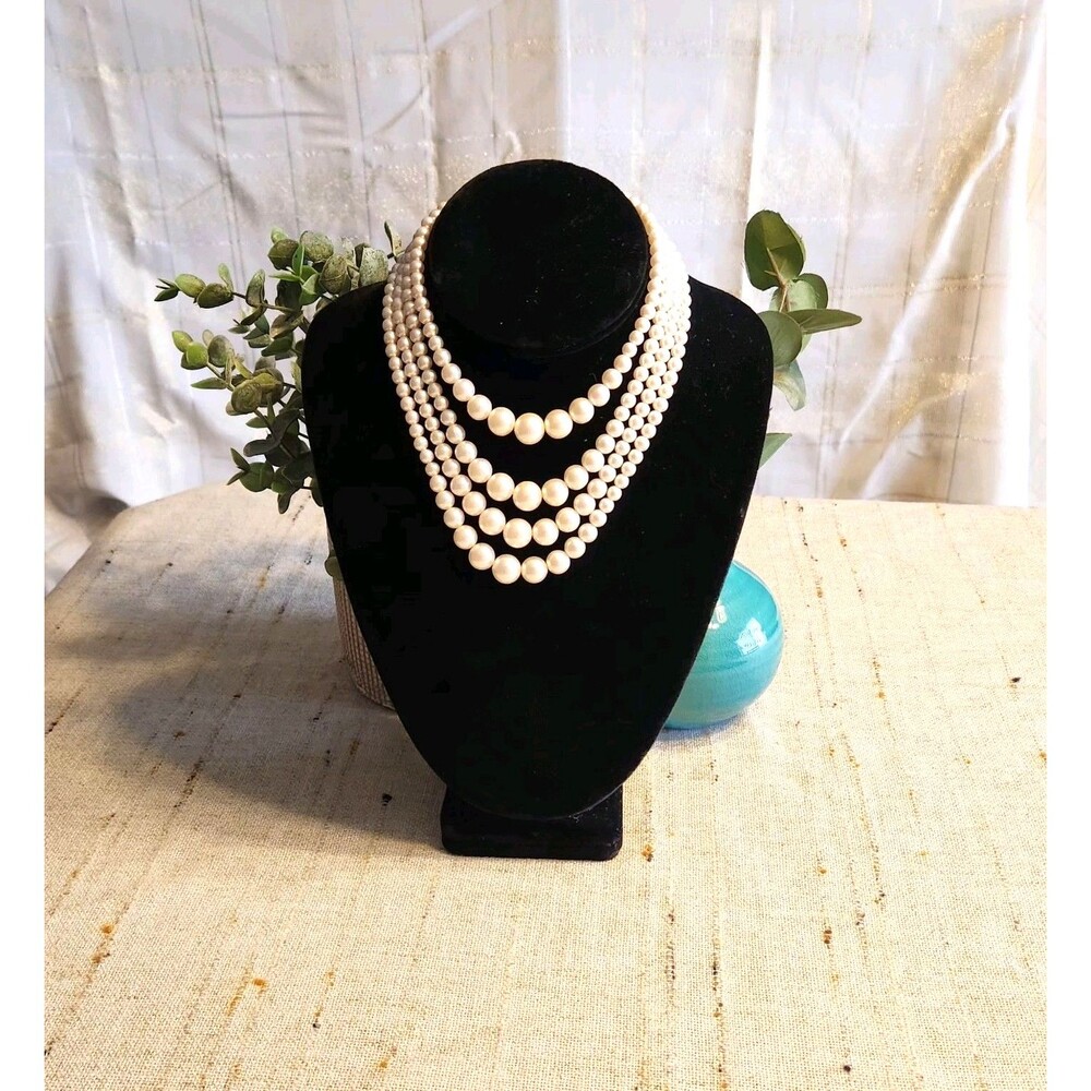 Vintage 4 Strand White Faux Pearl Beaded Necklace  15" Not tied. Classic